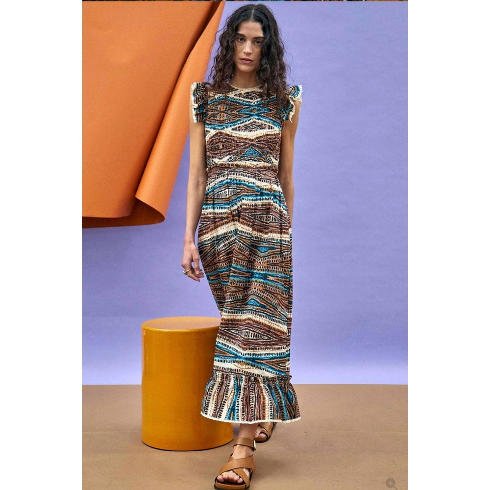 Hunter Bell Hayward Dress Geometric Print Ruffle Midi Maxi 100% Cotton Medium